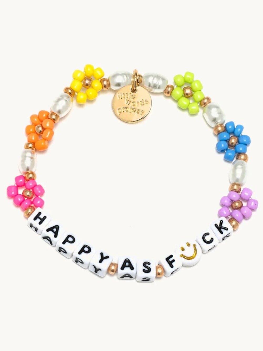 Little Words Project Happy As Fck Floral Beaded Rainbow Pearl Elastic Bracelet